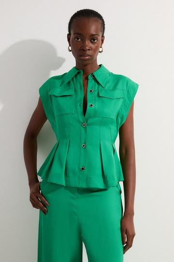 Green Premium Viscose Linen Topstitch Woven Blouse With Waist Seam Detail