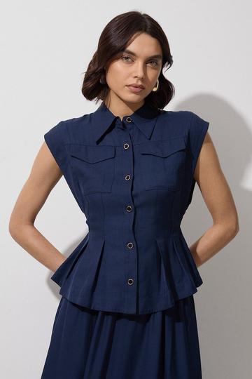 Navy Premium Viscose Linen Topstitch Woven Blouse With Waist Seam Detail