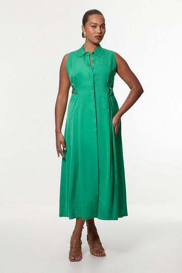 Plus Size Viscose Linen Topstitch Halter Neck Woven Midi Dress With D Ring Detail green