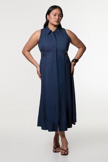 Navy Plus Size Viscose Linen Topstitch Halter Neck Woven Midi Dress With D Ring Detail