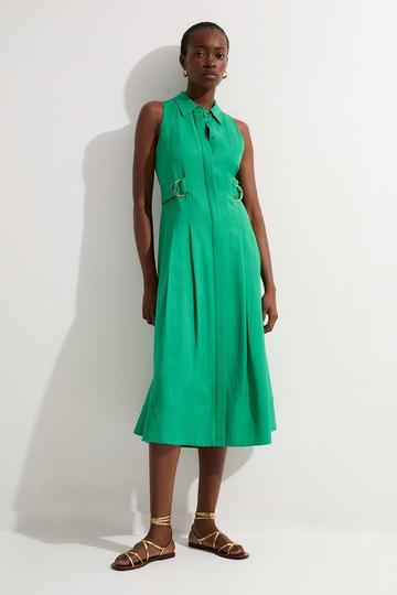 Petite Premium Viscose Linen Topstitch Halter Neck Woven Midi Dress With D Ring Detail green