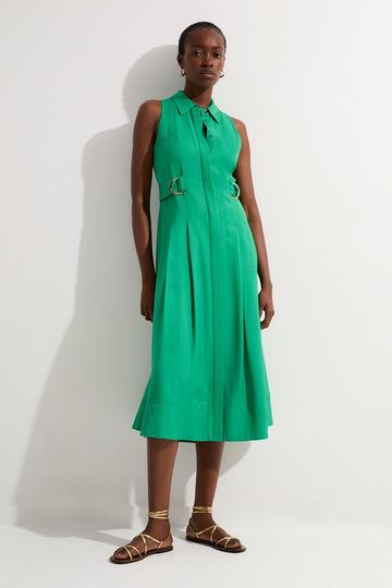 Premium Viscose Linen Topstitch Halter Neck Woven Midi Dress With D Ring Detail green