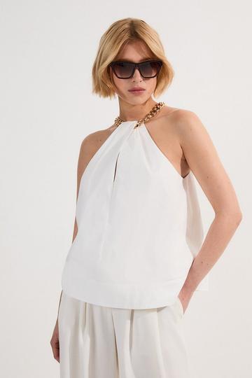 White Cotton Poplin Chain Halter Neck Woven Shirt