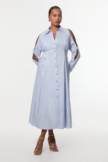 Plus Size Cotton Poplin Woven Shirt Dress With Chain Detail blue