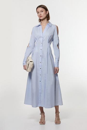 Cotton Poplin Woven Shirt Dress With Chain Detail blue