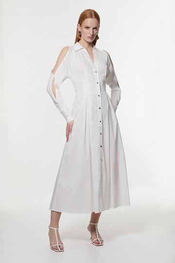 White Cotton Poplin Woven Shirt Dress With Chain Detail