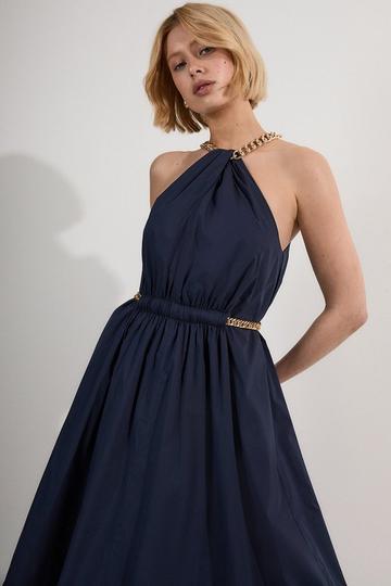 Navy Cotton Poplin Chain Halter Woven Maxi Dress