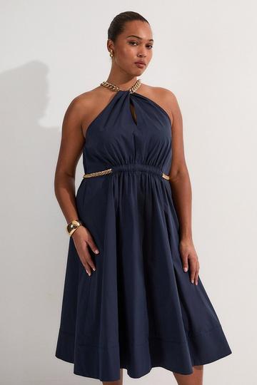 Plus Size Cotton Poplin Chain Halter Woven Maxi Dress navy