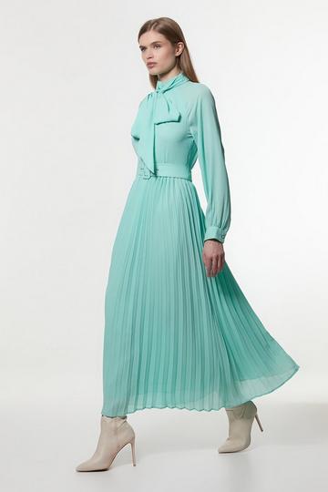 Georgette Tie Neck Woven Belted Maxi Dress mint