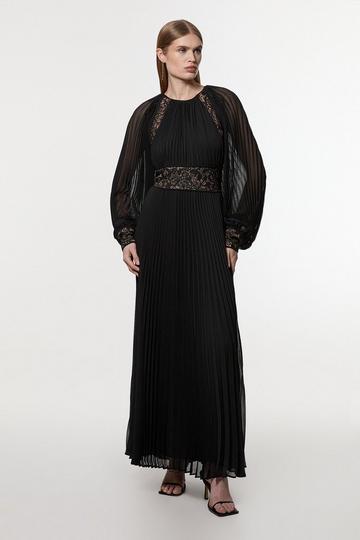 Black Viscose Georgette Pleated Woven Maxi Dress With Sheer Lace Panel Detail