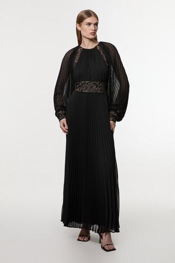 Petite Viscose Georgette Pleated Woven Maxi Dress With Sheer Lace Panel Detail black