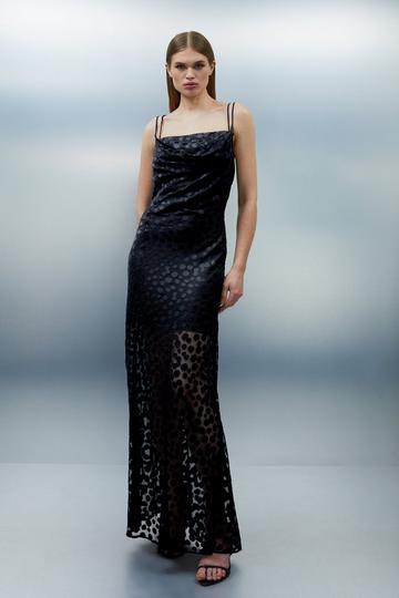 Polka Dot Devore Strappy Woven Maxi Dress black