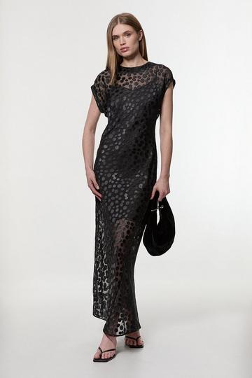 Black Polka Dot Devore Bias Cut Maxi Dress