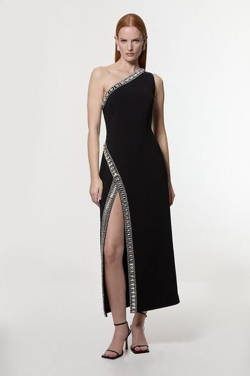 Black Crystal Embellished One Shoulder Woven Maxi Dress