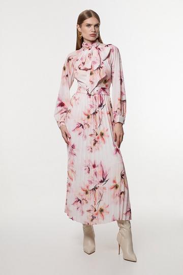 Multi Georgette Tie Neck Woven Belted Floral Print Maxi Dress