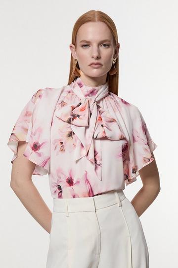 Multi Georgette Tie Neck Woven Floral Print Top