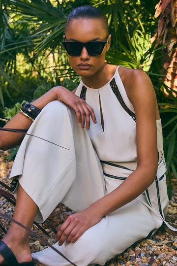 Lace Trim Insert Linen Woven Jumpsuit stone