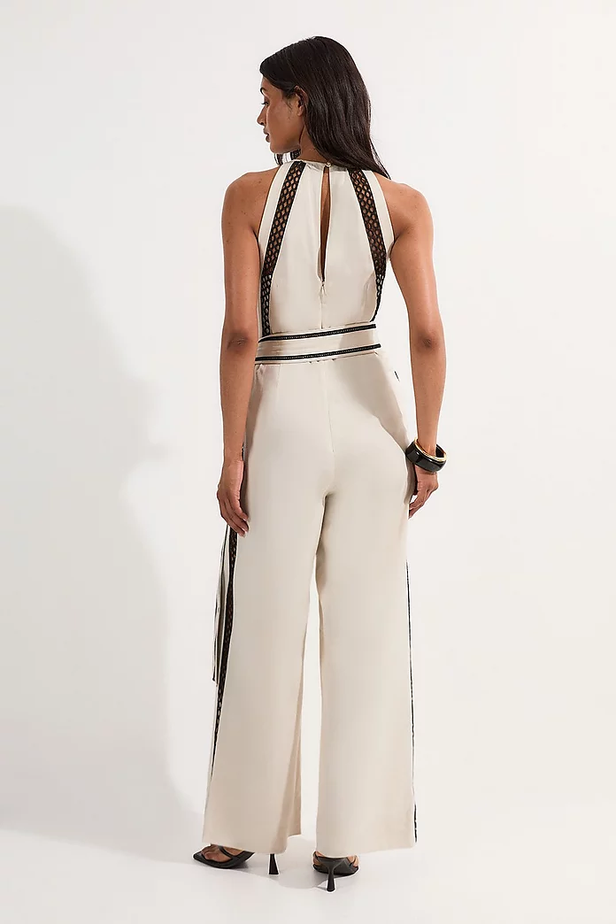 Viscose Linen Woven Jumpsuit With Lace Trim | Karen Millen Viscose Linen Woven Jumpsuit With Lace Trim | Karen Millen