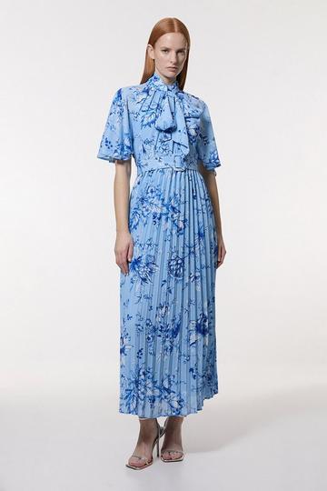 Floral Georgette Tie Neck Pleated Woven Midi Dress blue