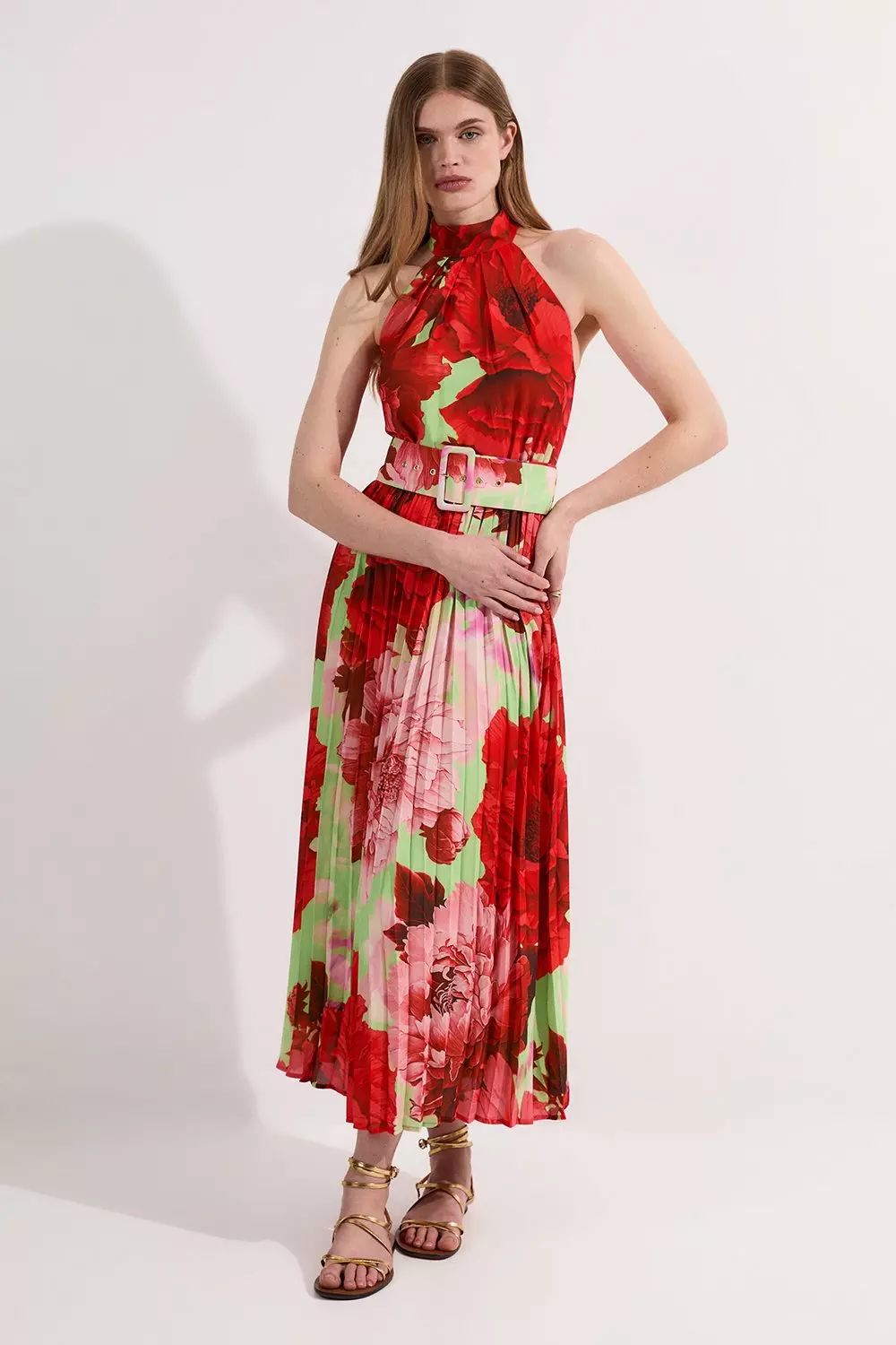 KAREN MILLEN ミディドレス ホルターネック スリット タイト 赤 KAREN MILLEN ロング丈ドレス ニットワンピース マキシ タイト