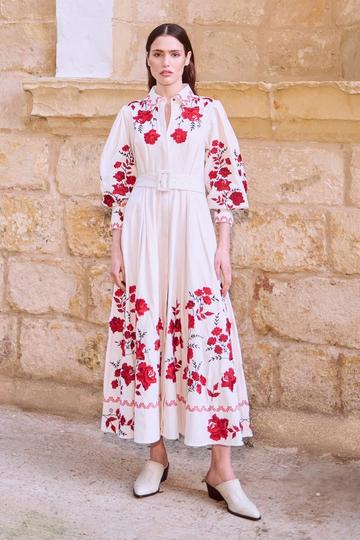 Rose Embroidered Cotton Twill Woven Shirt Dress With Eyelets white