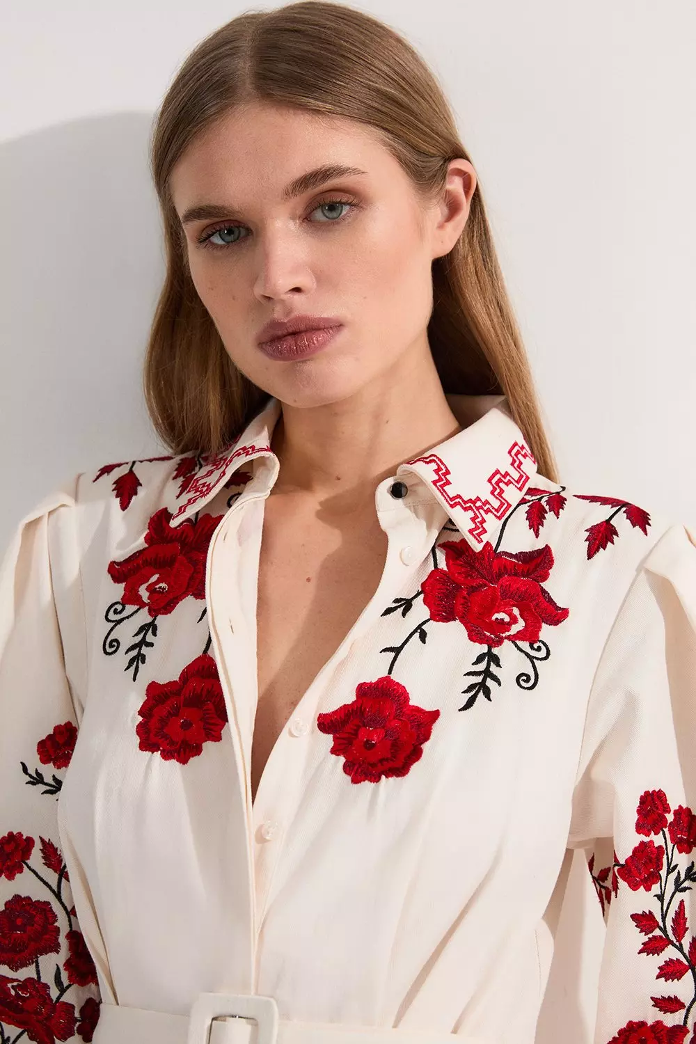 ◆KAREN MILLEN◆ ローズ刺繍 コットン ツイル織 シャツドレス Rose Embroidered Cotton Twill Woven Shirt Dress With Eyelets