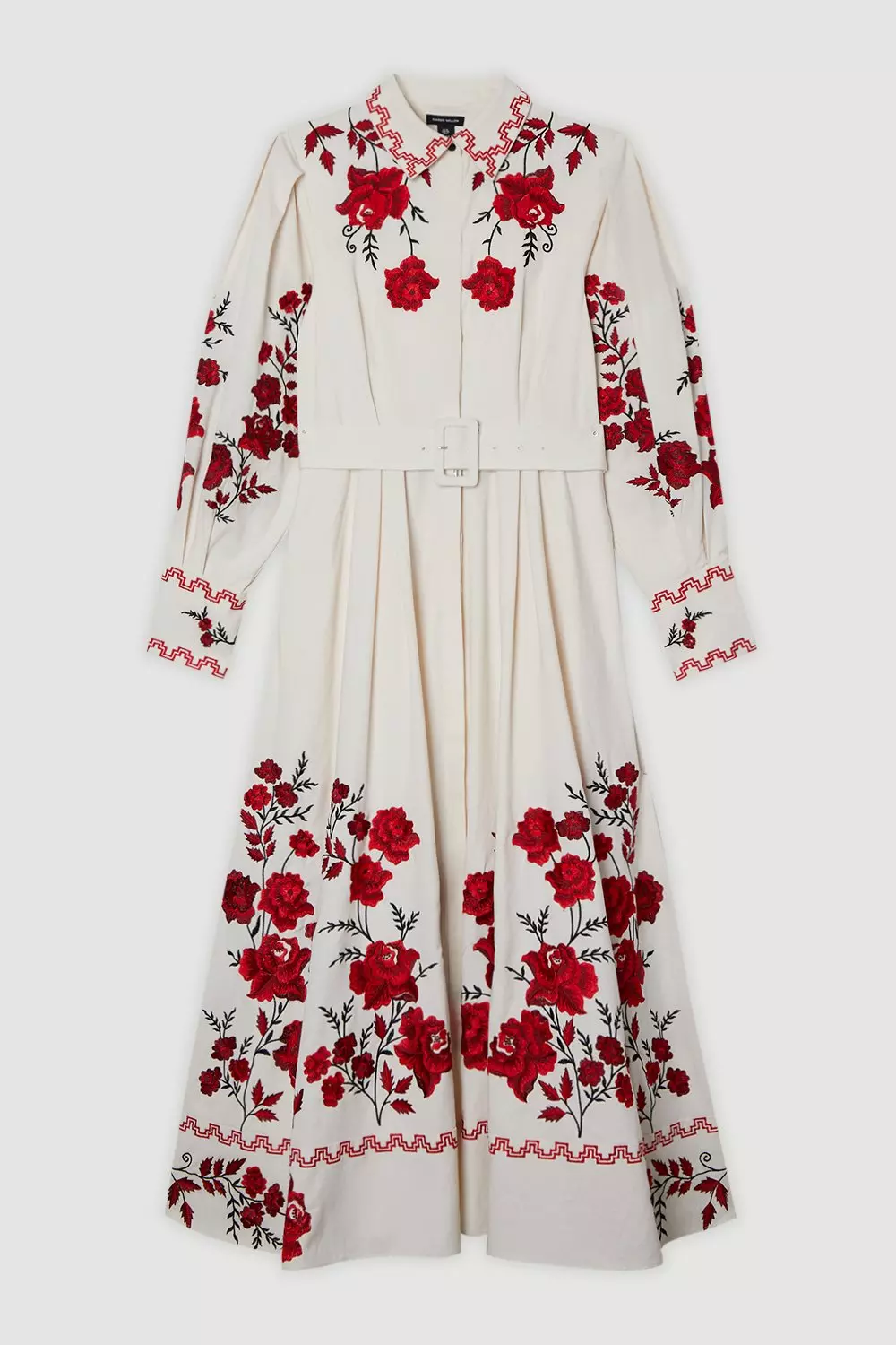Rose Embroidered Cotton Twill Woven Shirt Dress With Eyelets