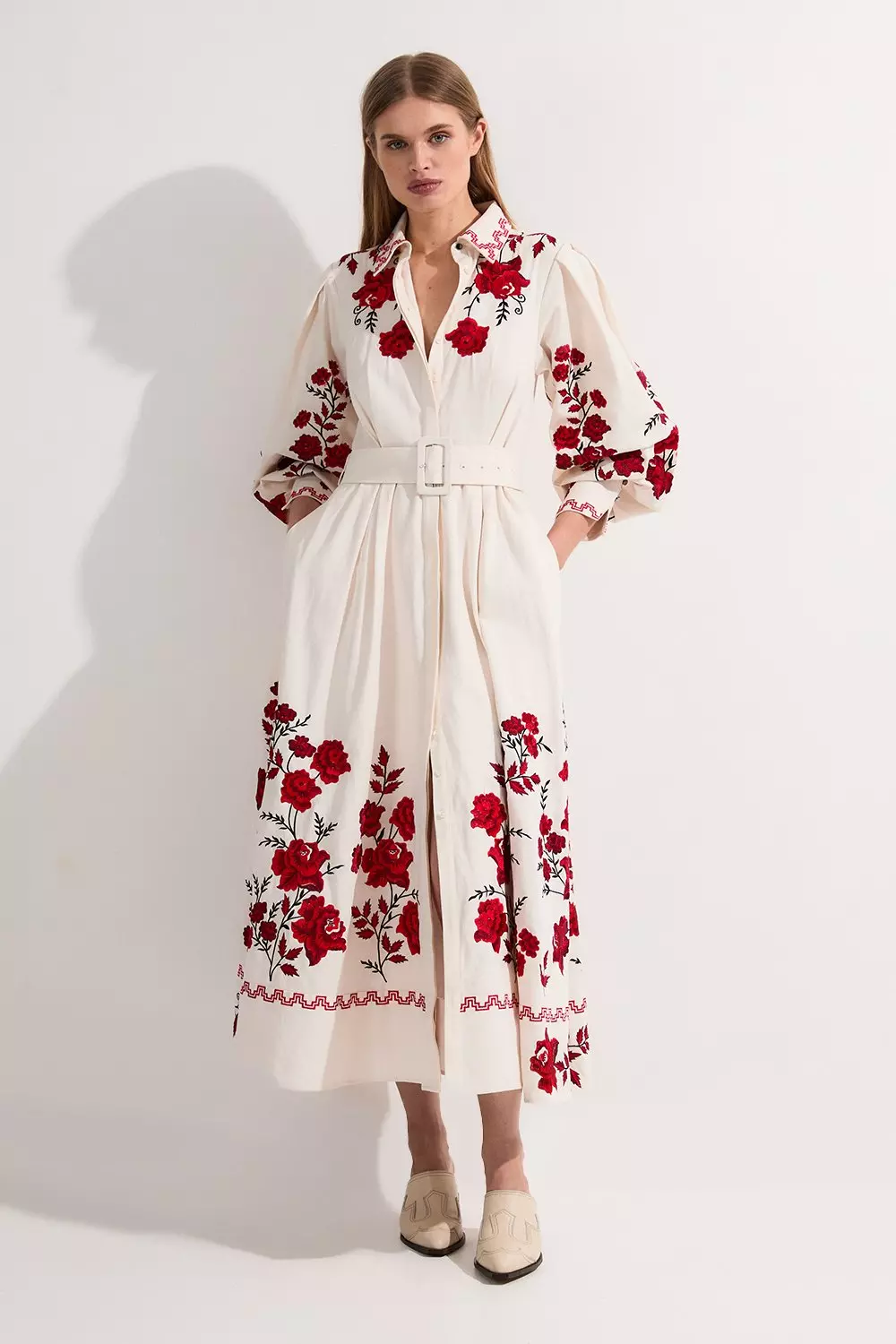 関税送料込【KAREN MILLEN】ローズ刺繍入りコットンシャツドレス Rose Embroidered Cotton Twill Woven Shirt Dress With Eyelets