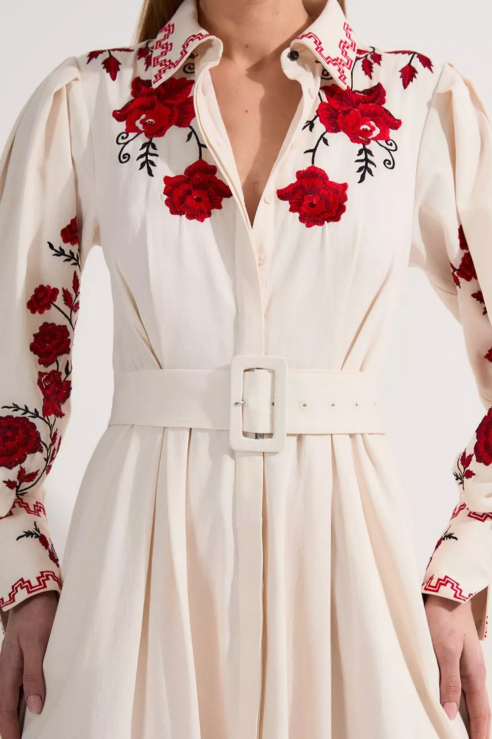 Rose Embroidered Cotton Twill Woven Shirt Dress With Eyelets