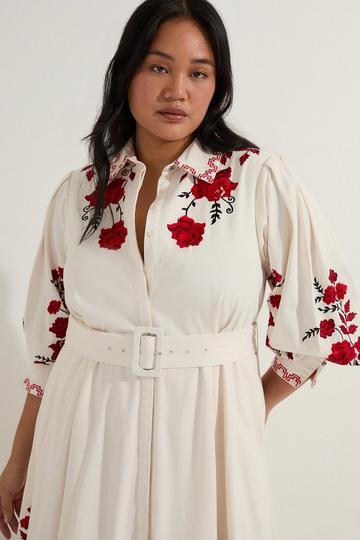 Plus Size Rose Embroidered Cotton Twill Woven Shirt Dress With Eyelets white