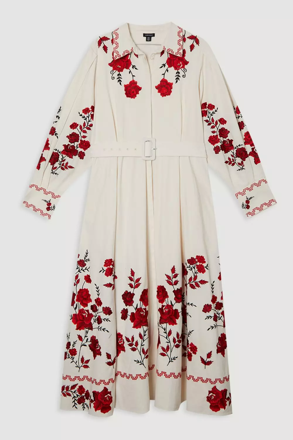 Plus Size Rose Embroidered Cotton Twill Woven Shirt Dress