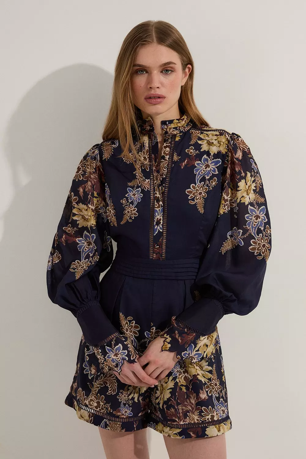 Navy Voile Floral Border Print Woven Playsuit With Ladder Lace Trim  alternative image