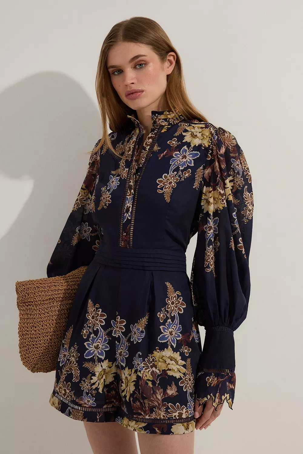 Navy Voile Floral Border Print Woven Playsuit With Ladder Lace Trim  alternative image