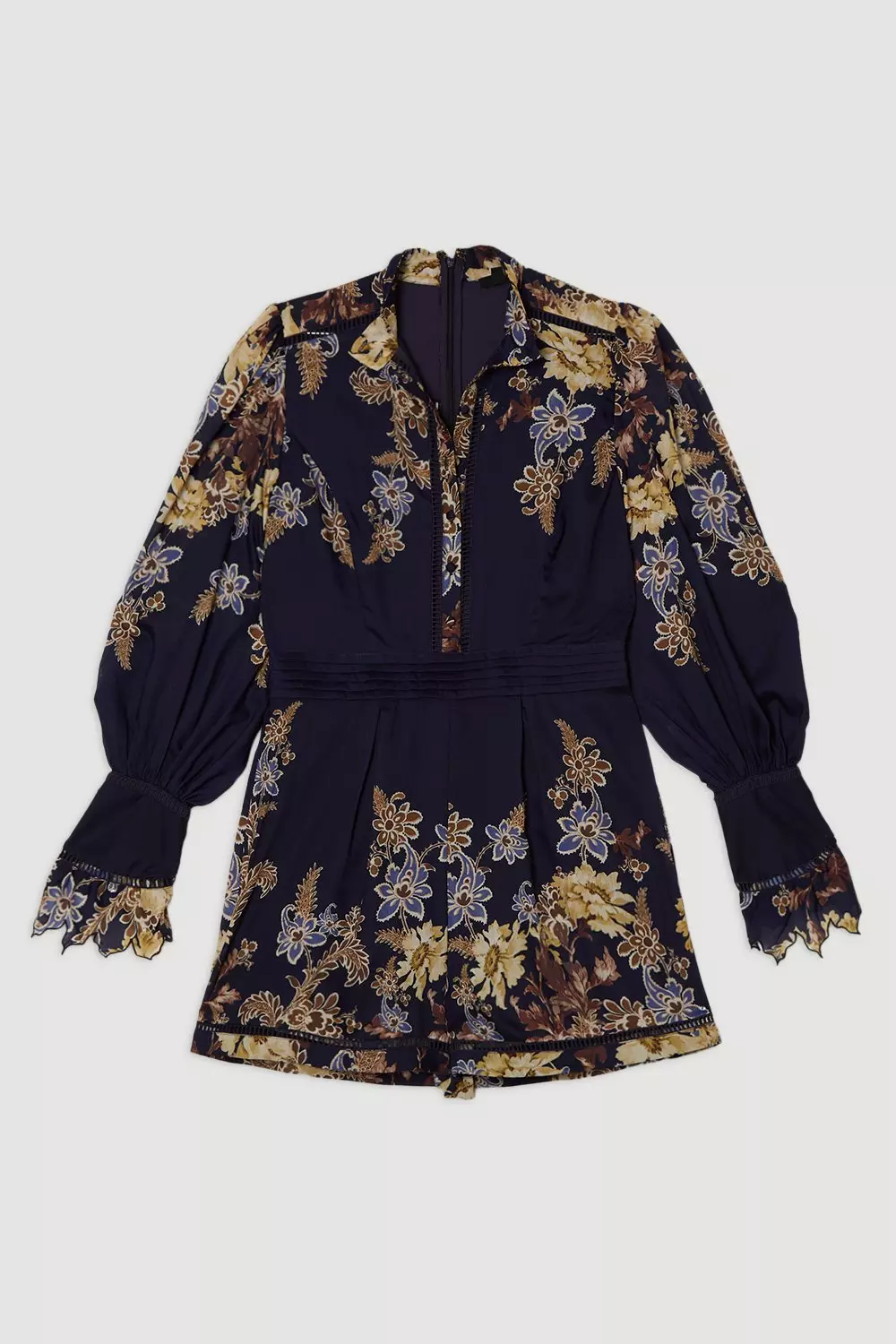 Navy Voile Floral Border Print Woven Playsuit With Ladder Lace Trim  alternative image