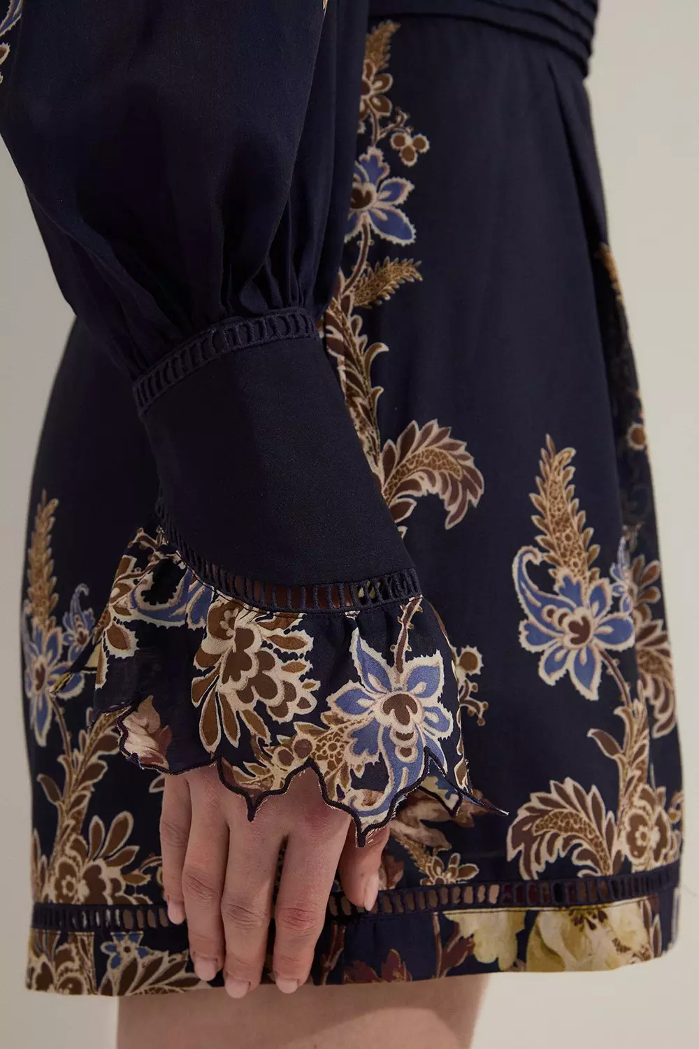 Navy Voile Floral Border Print Woven Playsuit With Ladder Lace Trim  alternative image