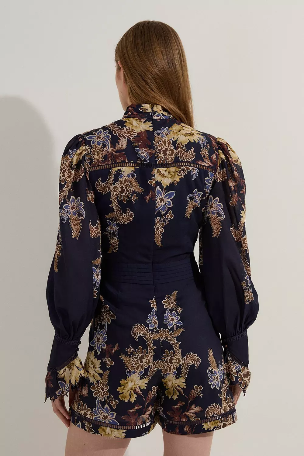 Navy Voile Floral Border Print Woven Playsuit With Ladder Lace Trim  alternative image