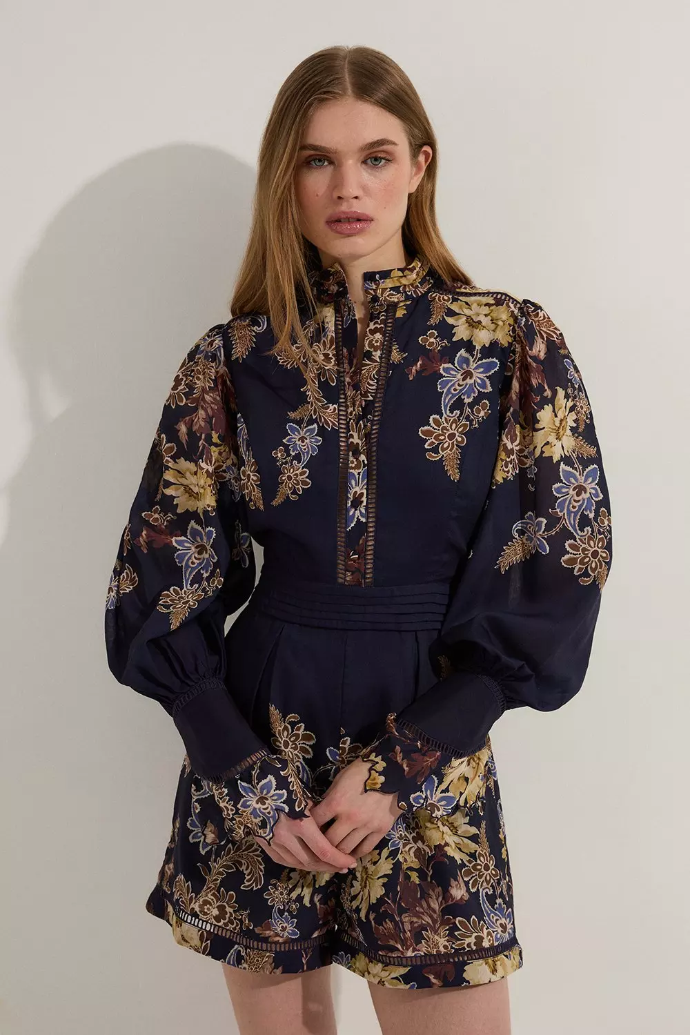 Navy Petite Voile Floral Border Print Woven Romper With Ladder Lace Trim alternative image