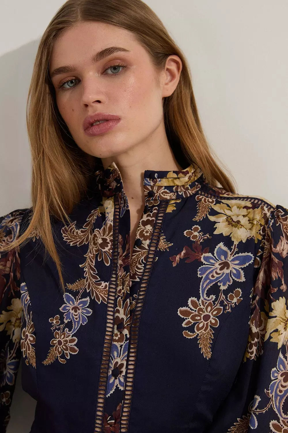 Navy Petite Voile Floral Border Print Woven Romper With Ladder Lace Trim alternative image