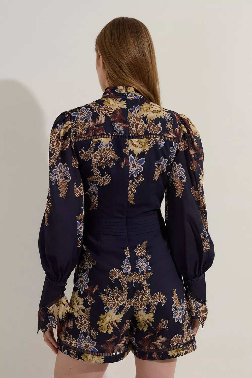 Navy Petite Voile Floral Border Print Woven Romper With Ladder Lace Trim alternative image