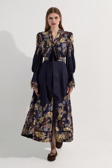 Voile Floral Border Print Woven Maxi Dress With Ladder Lace Trim navy