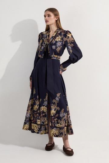 Petite Voile Floral Border Print Woven Maxi Dress With Ladder Lace Trim navy