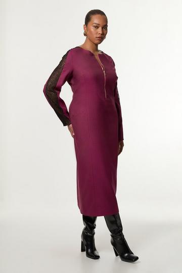 Plus Size Tailored Twill Lace Mix Zip Front Midi Dress plum