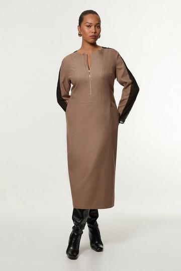 Plus Size Tailored Twill Lace Mix Zip Front Midi Dress taupe