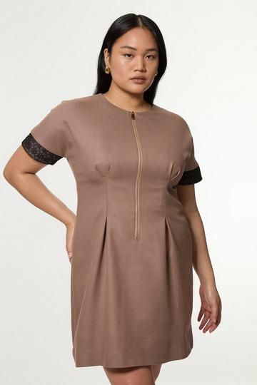 Plus Size Tailored Twill Lace Mix Zip Front Mini Dress taupe