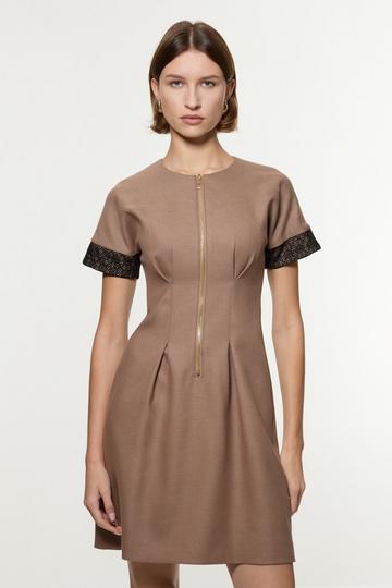 Petite Tailored Twill Lace Mix Zip Front Mini Dress taupe