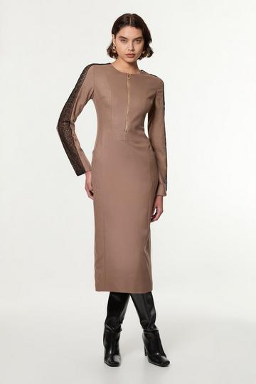 Petite Tailored Twill Lace Mix Zip Front Midi Dress taupe