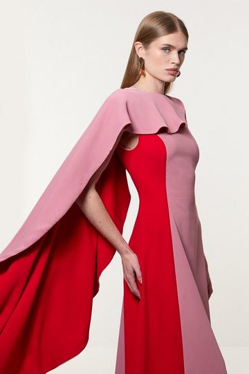 Soft Tailored Colour Block Cape Detail Full Skirted Maxi Dress blush