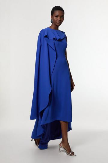 Soft Tailored Colour Block Cape Detail Full Skirted Maxi Dress cobalt