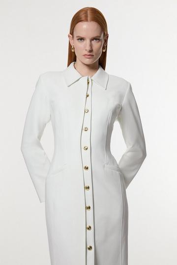 Compact Stretch Contrasted Tipped Sleeved Shirt Dress ivory