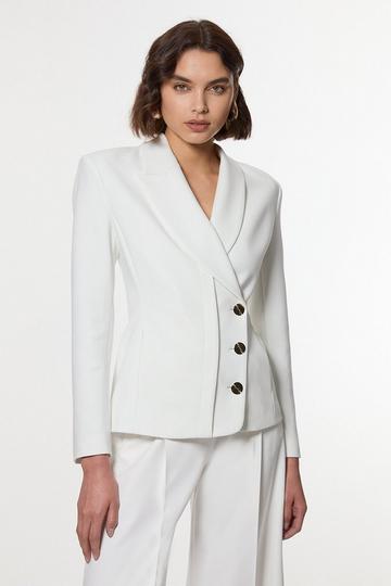 Compact Stretch Contrast Tipped Lapel Single Breasted Tailored Jacket ivory